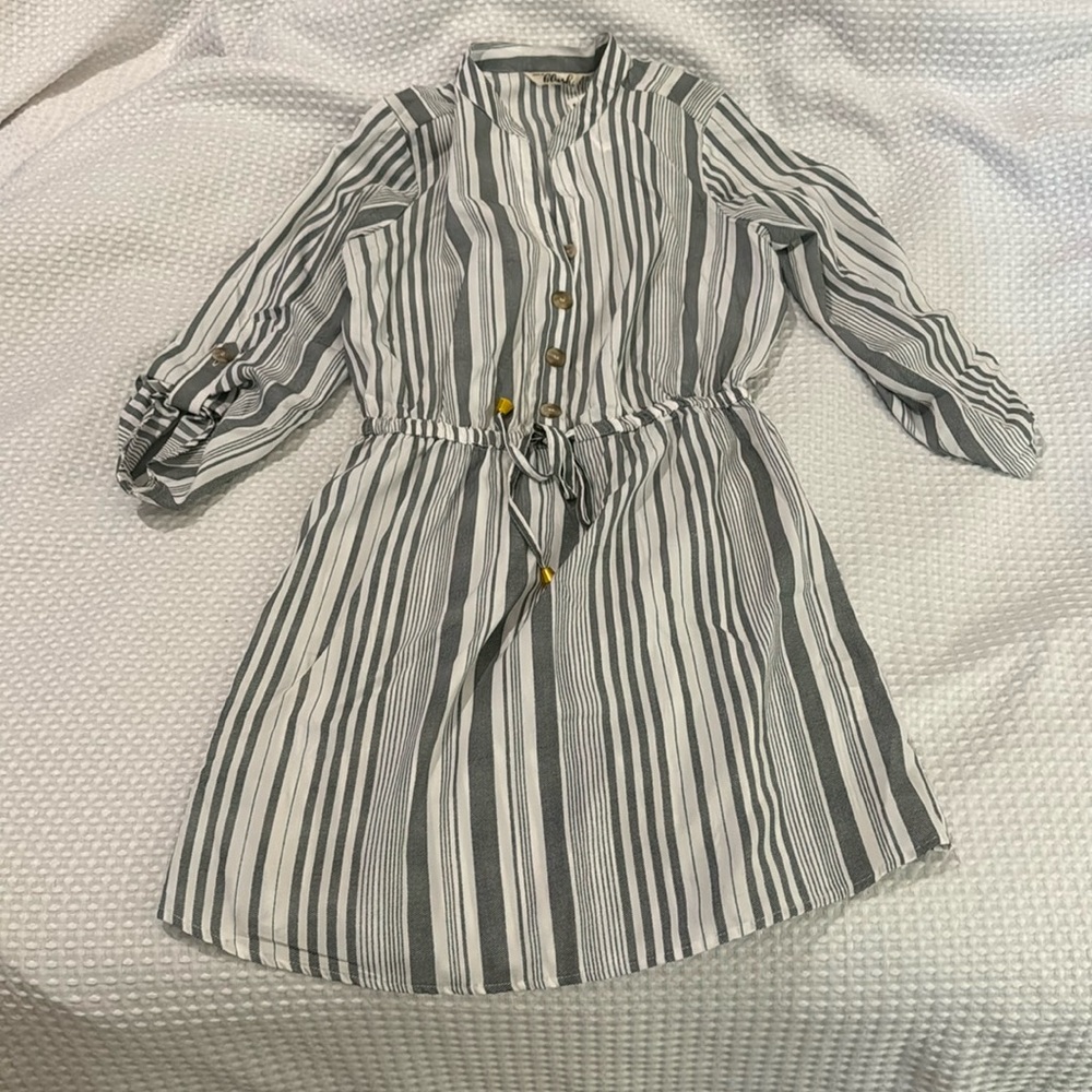 White and Grey classy stripped dress with adjustable waist tie.